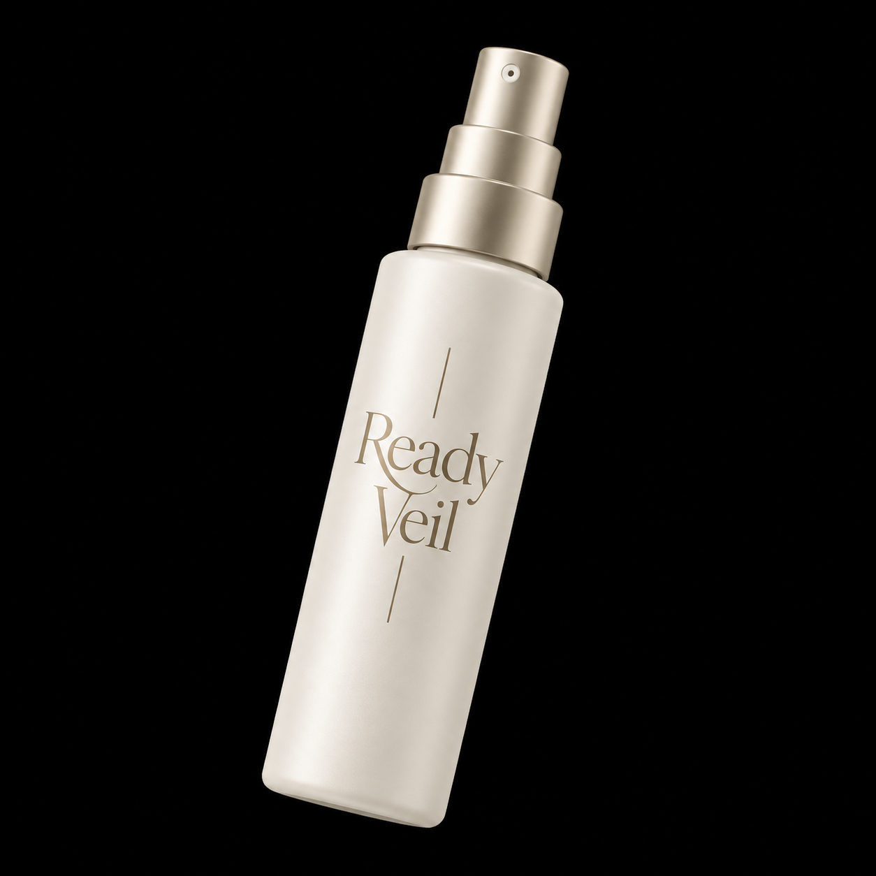 샴페인빛 분사구와 Ready Veil 세리프 로고가 있는 아이보리 페이스 미스트